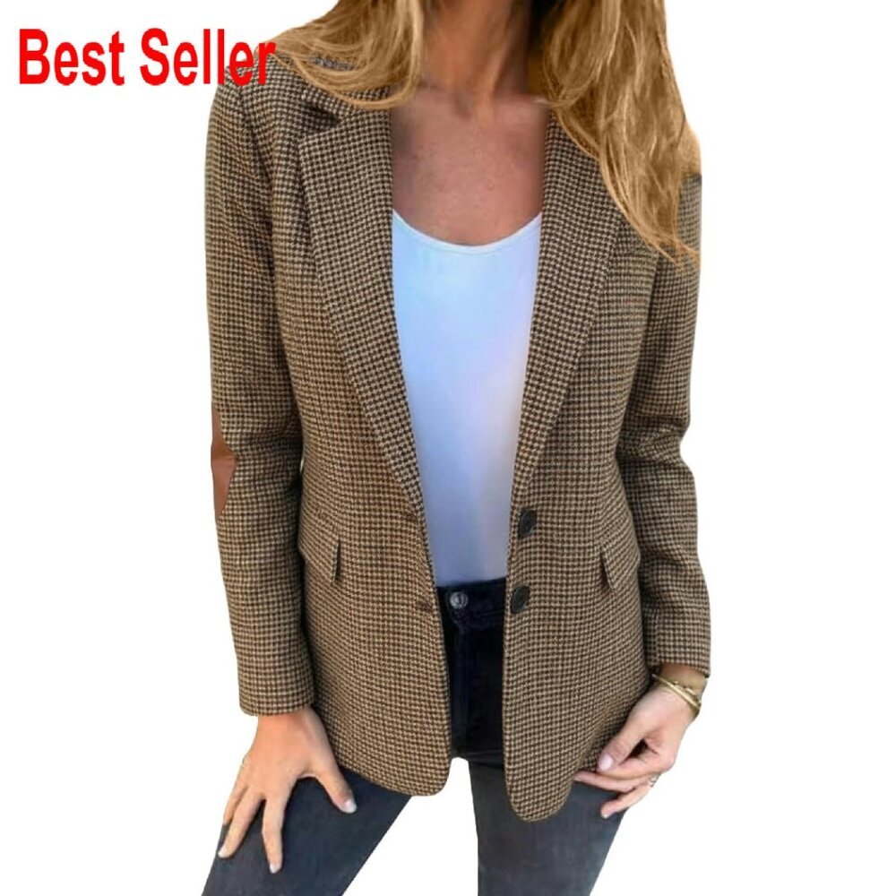 Tweed Blazer Slim Fit Houndstooth Plaid Classic Business Casual Office Wear